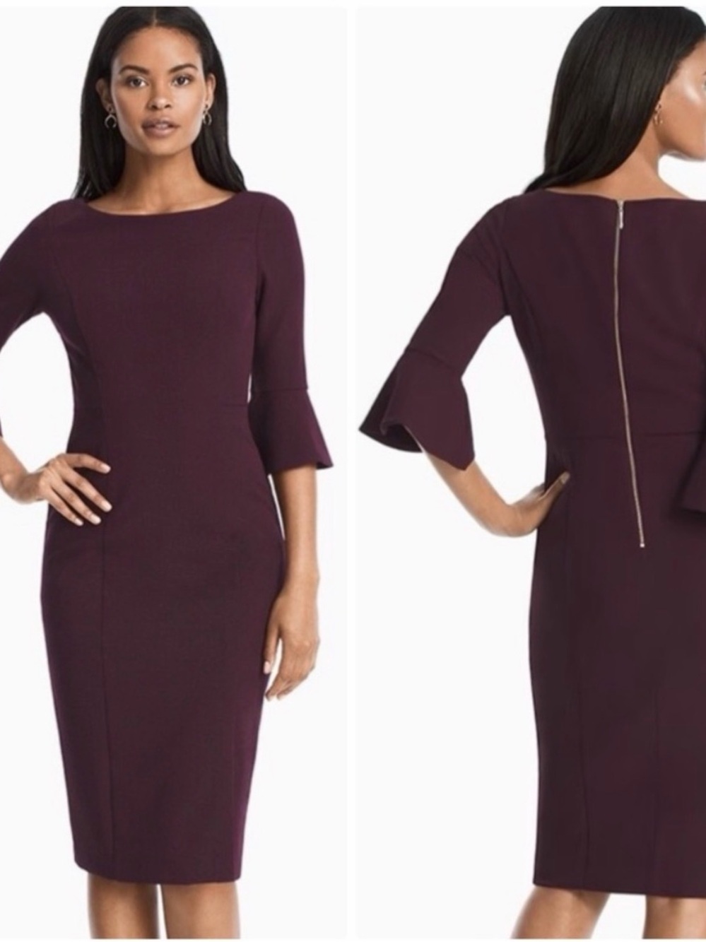 White House Black Market Plum Midi Sheath Dress with Bell Sleeves